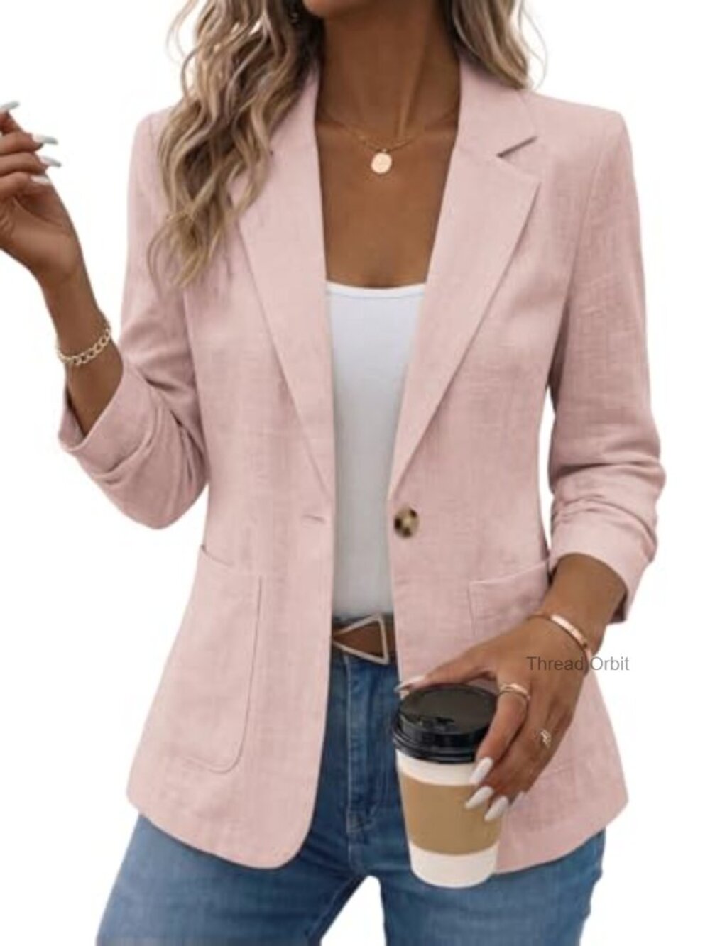 Linen Blend Blazer 3/4 Ruched Sleeve Business Casual Work Jacket